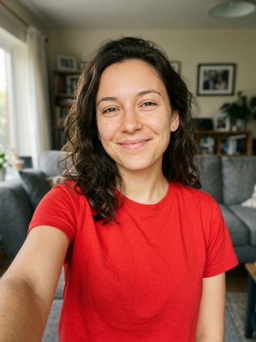 Input portrait: Red tee, wavy hair